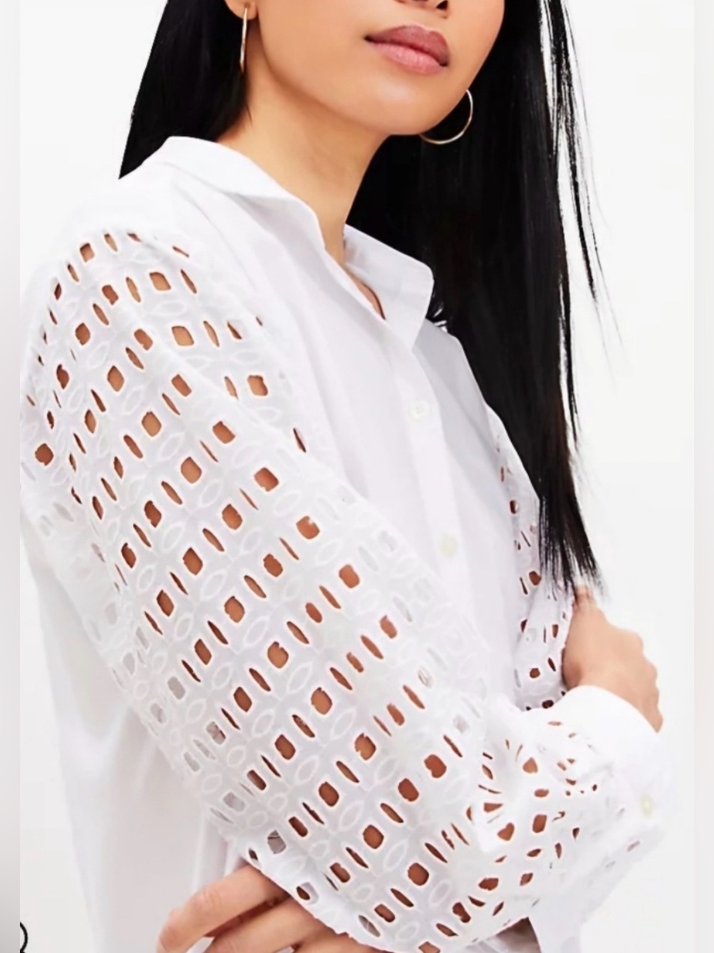 LOFT White Button-Down Shirt with Eyelet Detail - Medium NWT - Picture 4 of 6